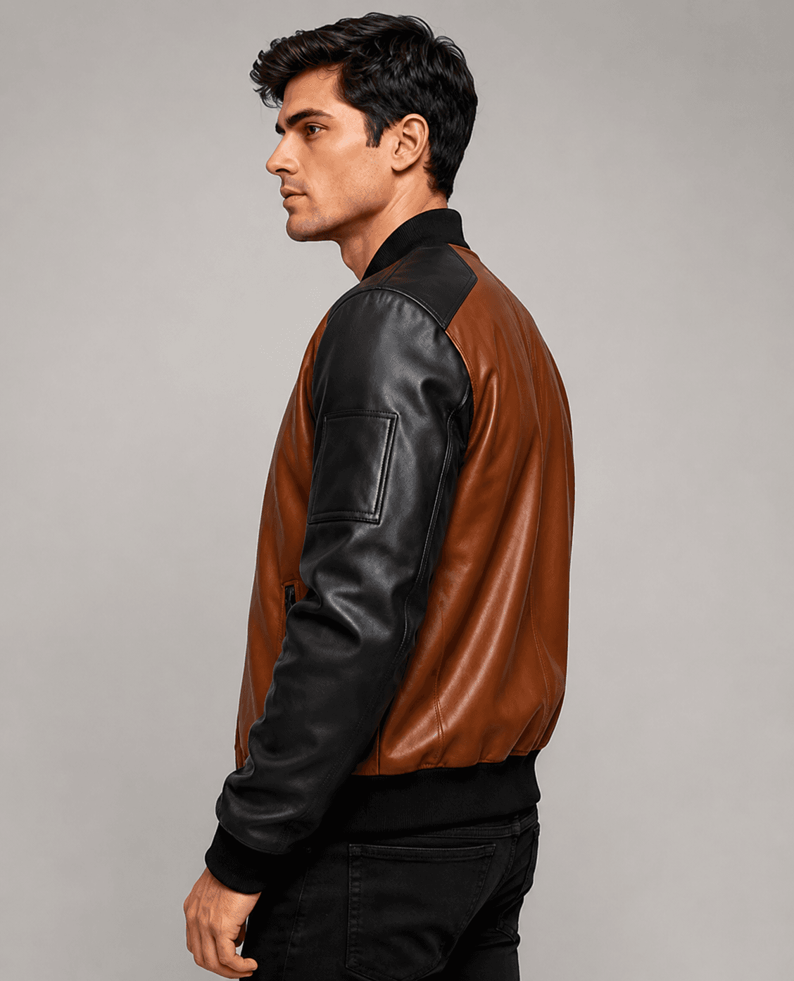 Black and Brown Leather Bomber Jacket For Men’s