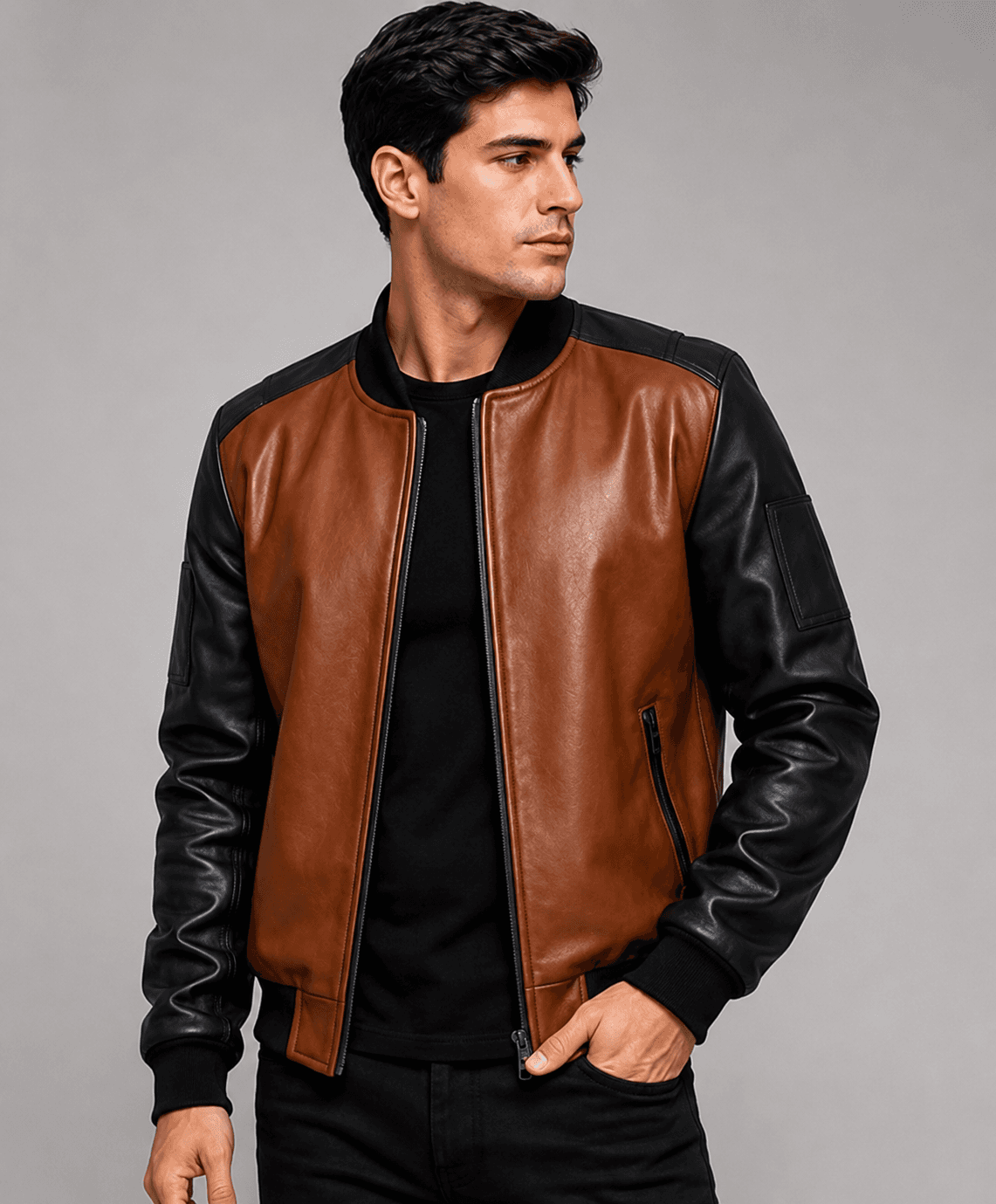 Black and Brown Leather Bomber Jacket For Men’s