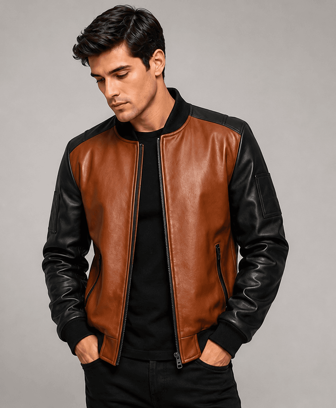 Black and Brown Leather Bomber Jacket For Men’s
