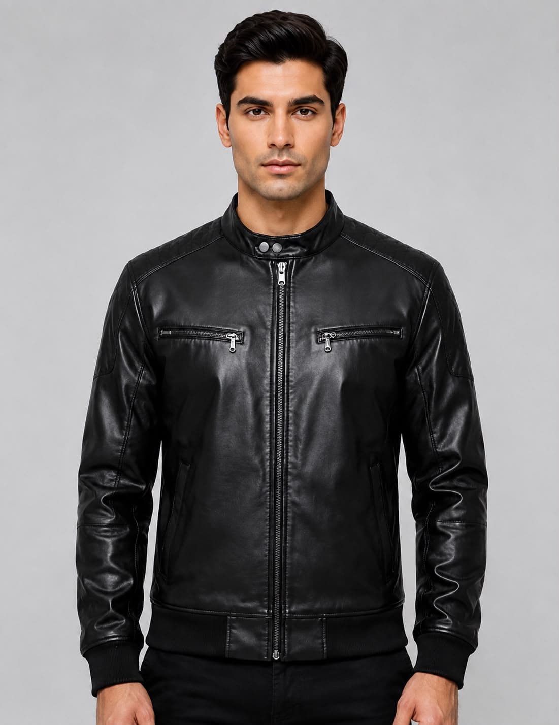 Black Biker Bomber Leather Jacket For Men’s