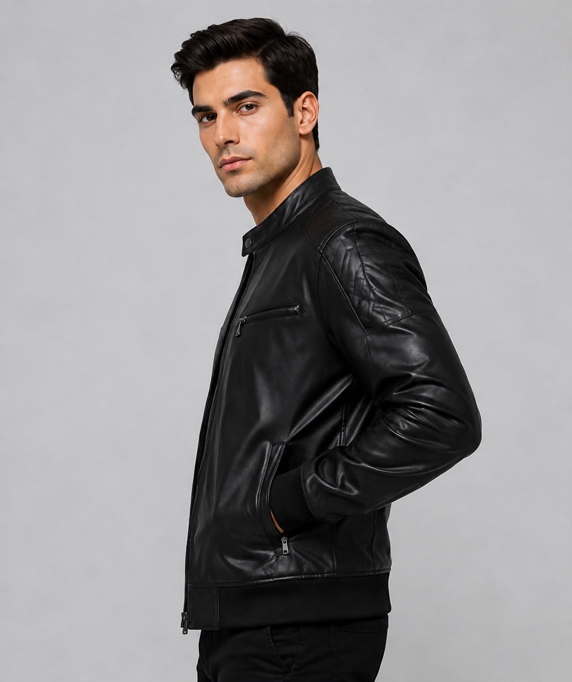 Black Biker Bomber Leather Jacket For Men’s