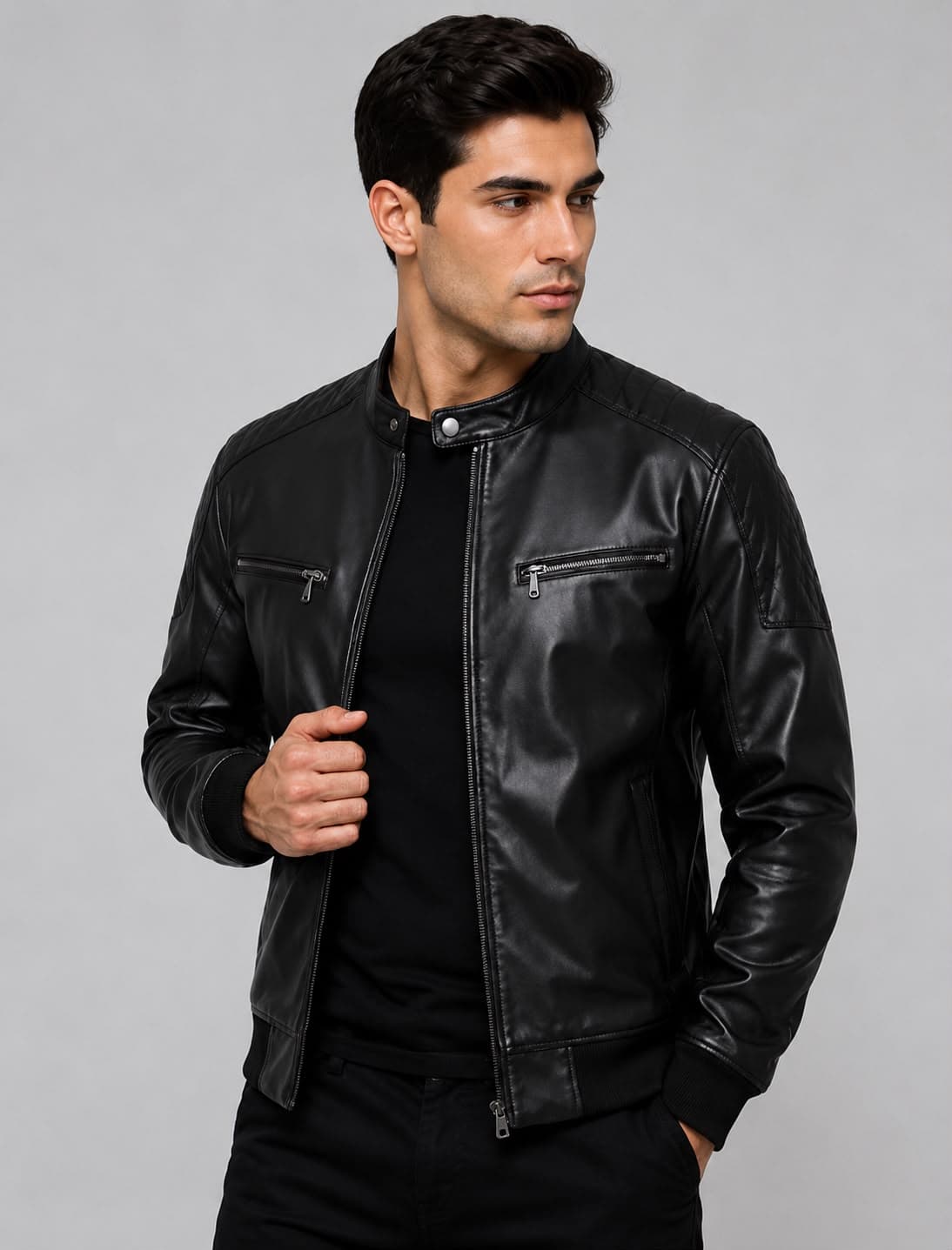 Black Biker Bomber Leather Jacket For Men’s