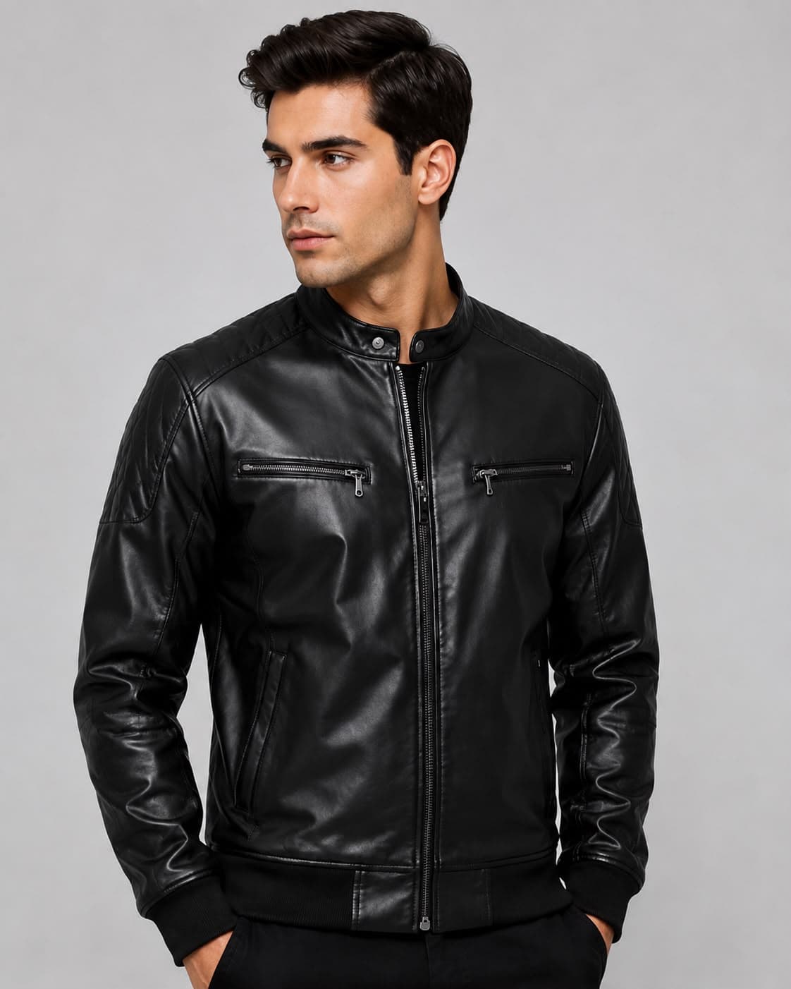Black Biker Bomber Leather Jacket For Men’s