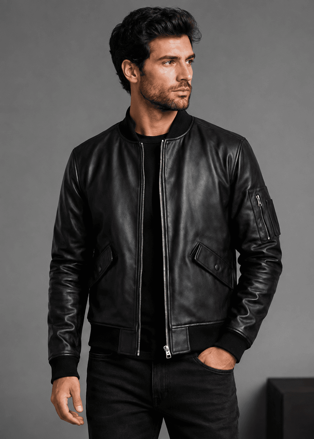 Black Leather Bomber Jacket For Men’s