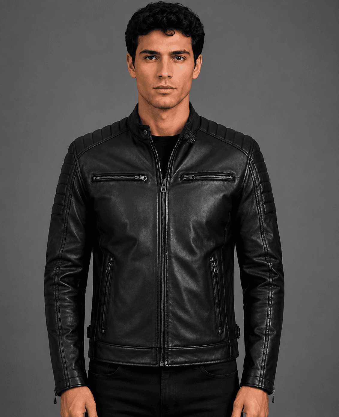 Black Slim Fit Biker Leather Jacket For Men’s