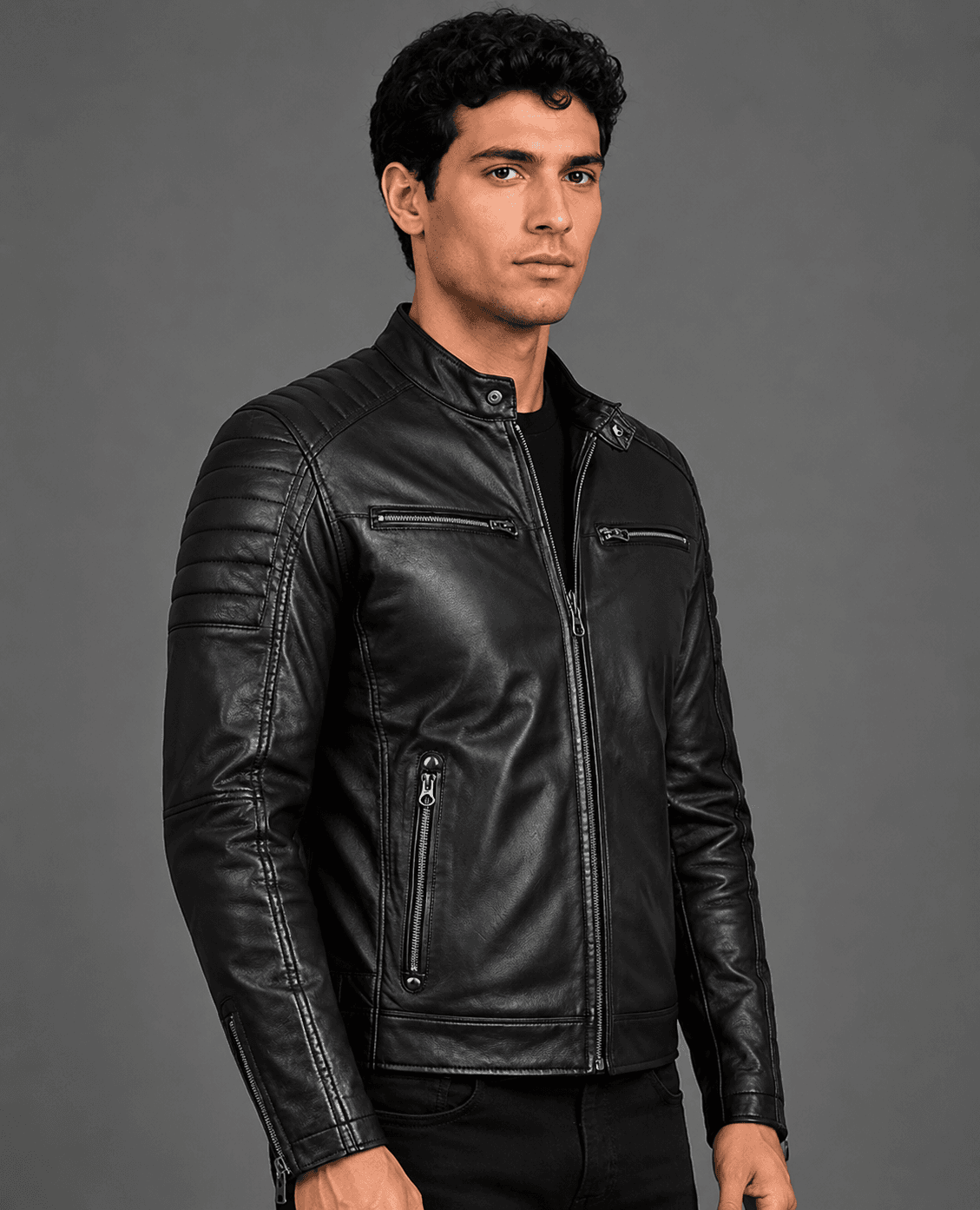Black Slim Fit Biker Leather Jacket For Men’s