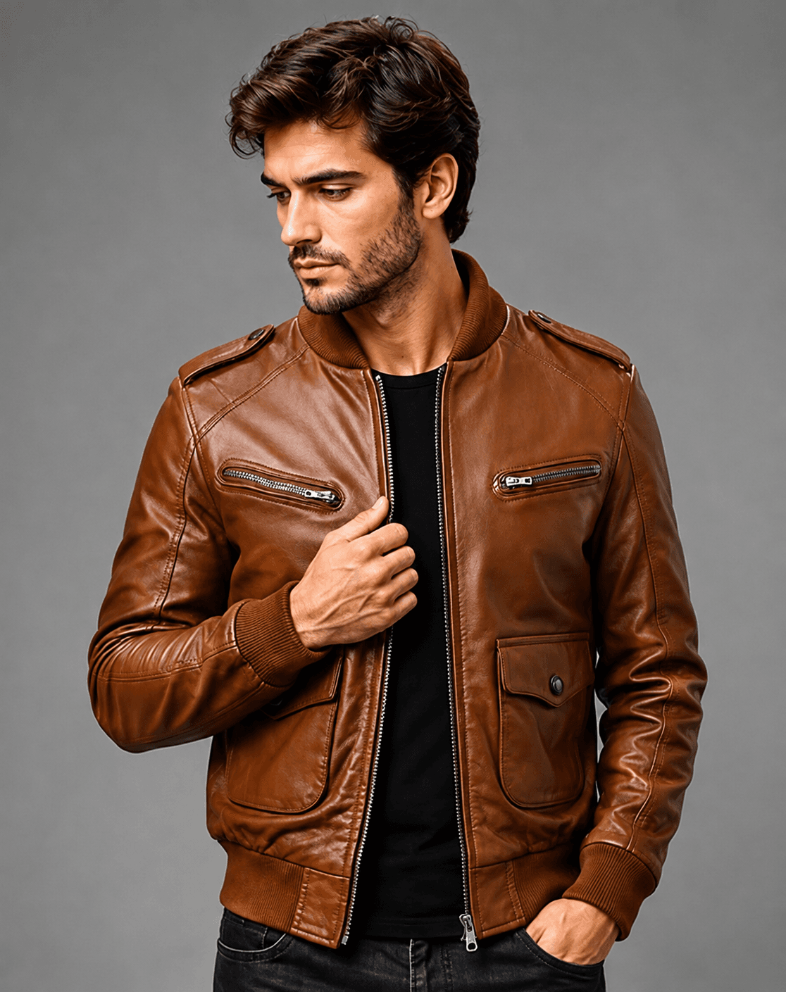 Brown Leather Strap Pocket Bomber Jacket For Men’s