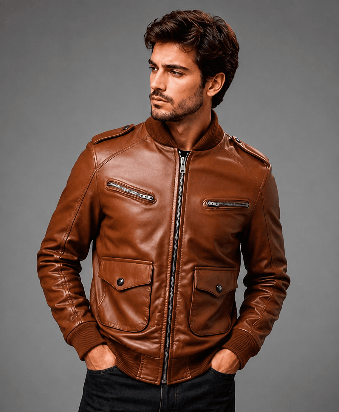 Brown Leather Strap Pocket Bomber Jacket For Men’s