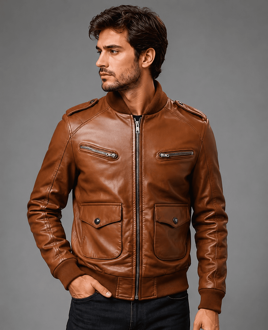 Brown Leather Strap Pocket Bomber Jacket For Men’s