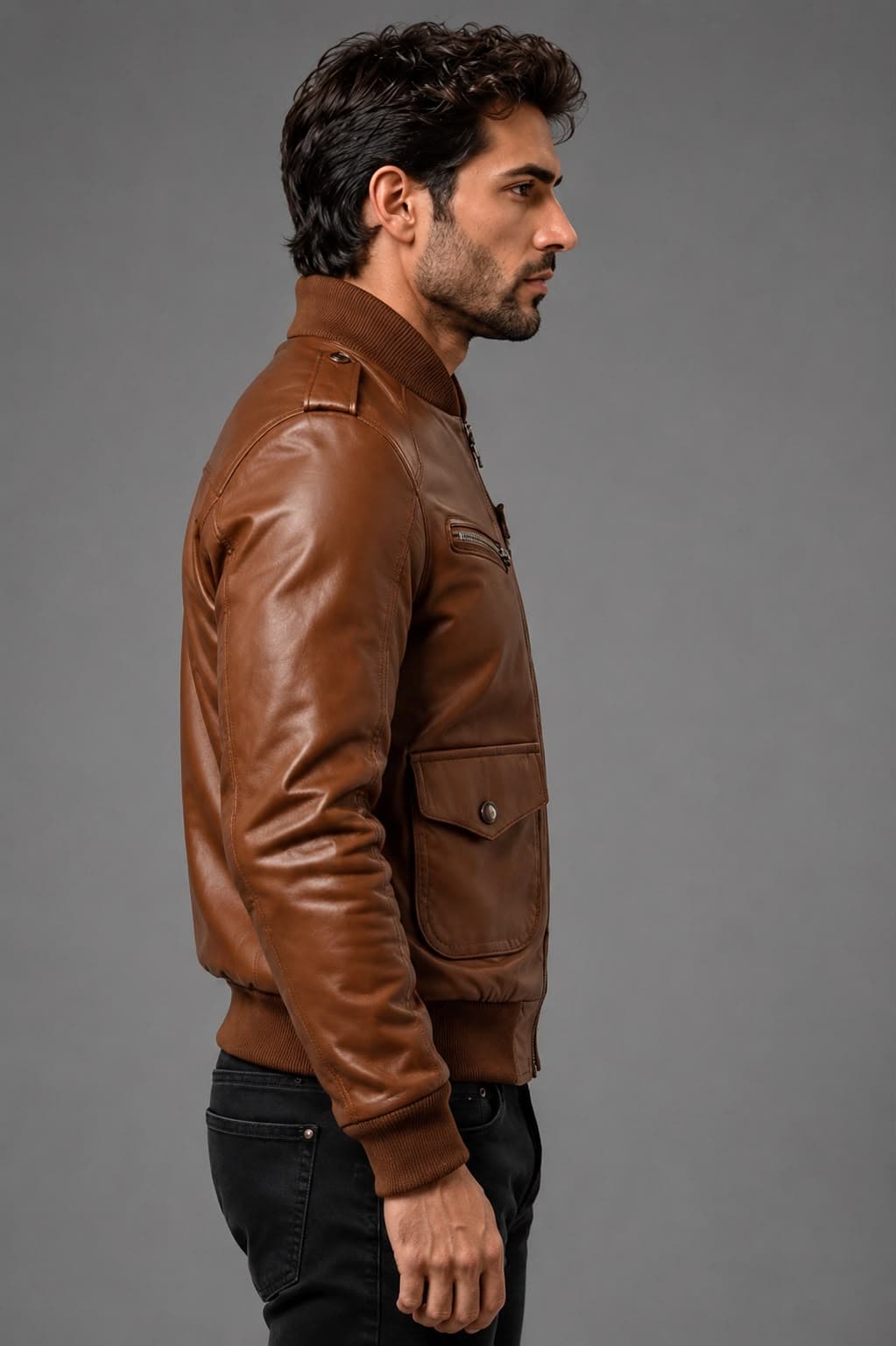 Brown Leather Strap Pocket Bomber Jacket For Men’s