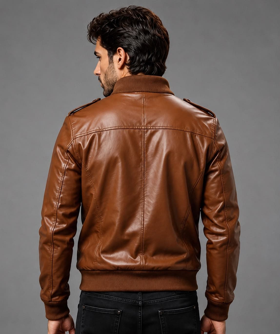Brown Leather Strap Pocket Bomber Jacket For Men’s