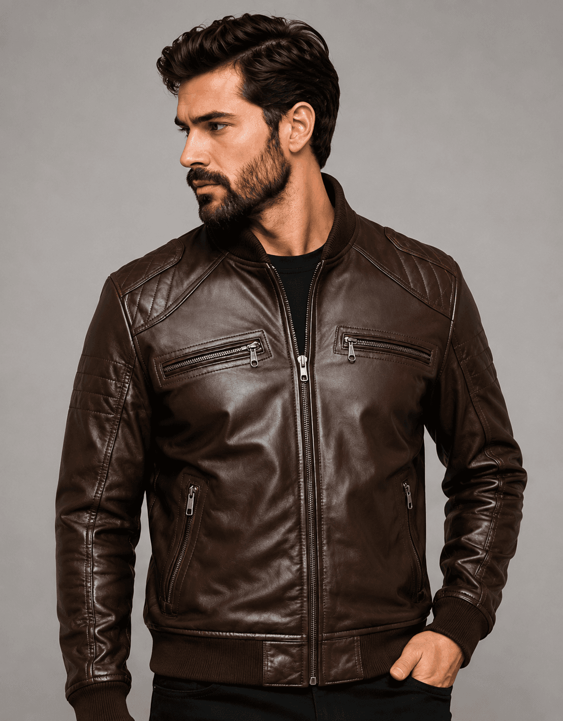 Dark Brown Leather Bomber Jacket For Men’s