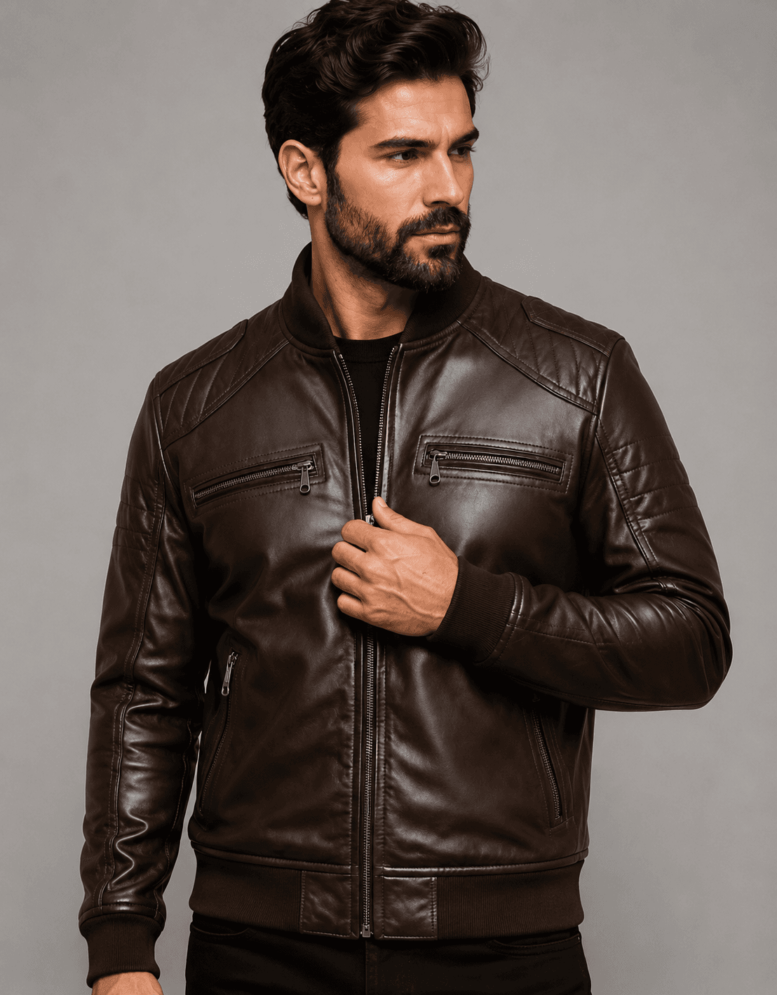 Dark Brown Leather Bomber Jacket For Men’s