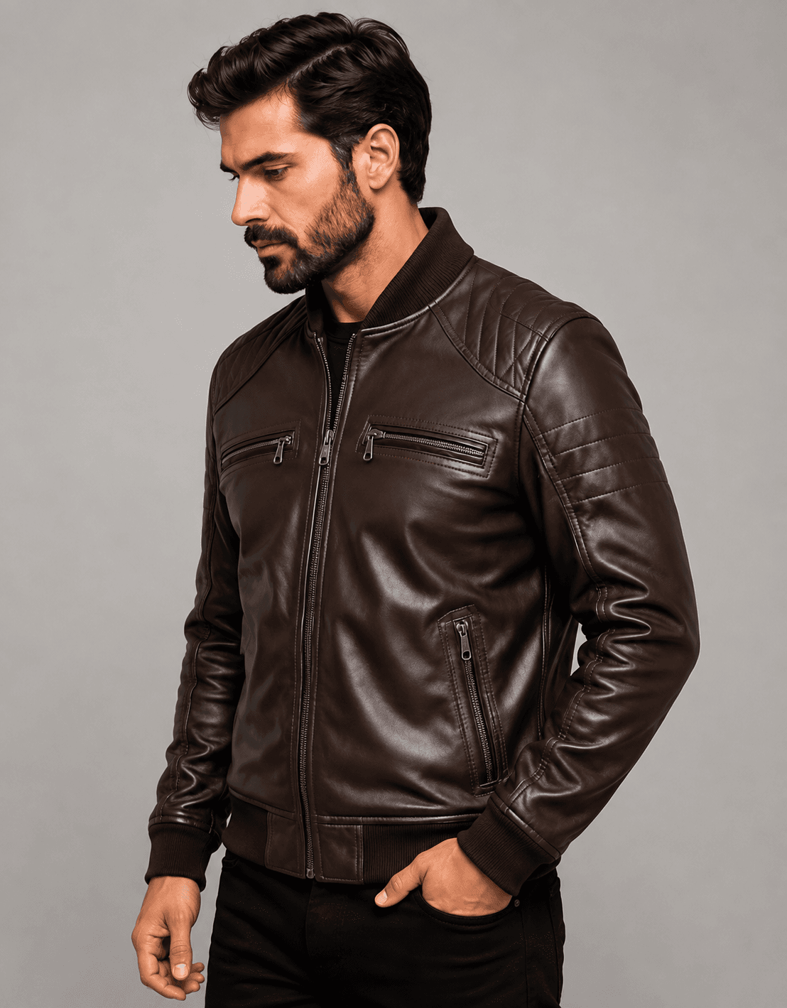 Dark Brown Leather Bomber Jacket For Men’s