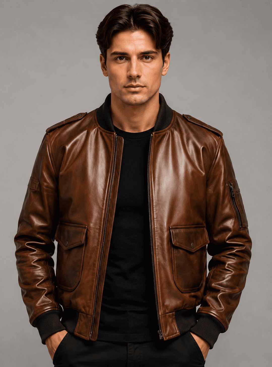 Distressed Brown Vintage Leather Bomber Jacket For Men’s
