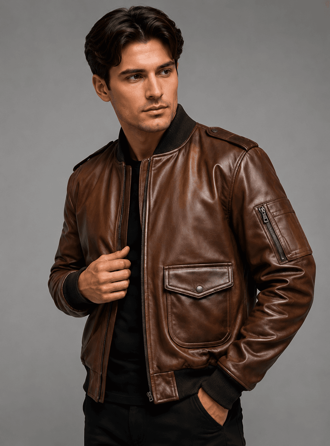 Distressed Brown Vintage Leather Bomber Jacket For Men’s