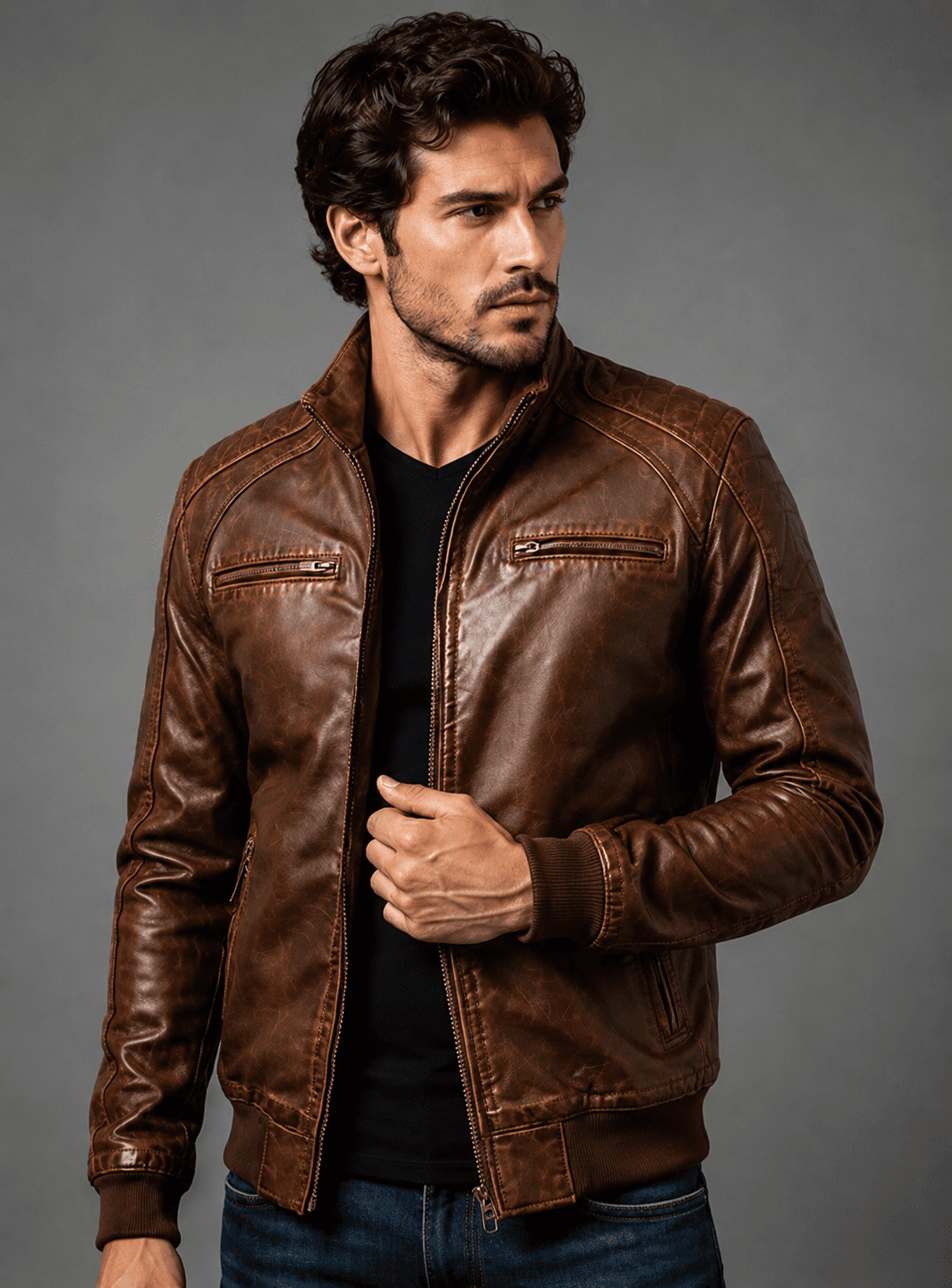 Jordan Brown Leather Bomber Jacket For Men’s