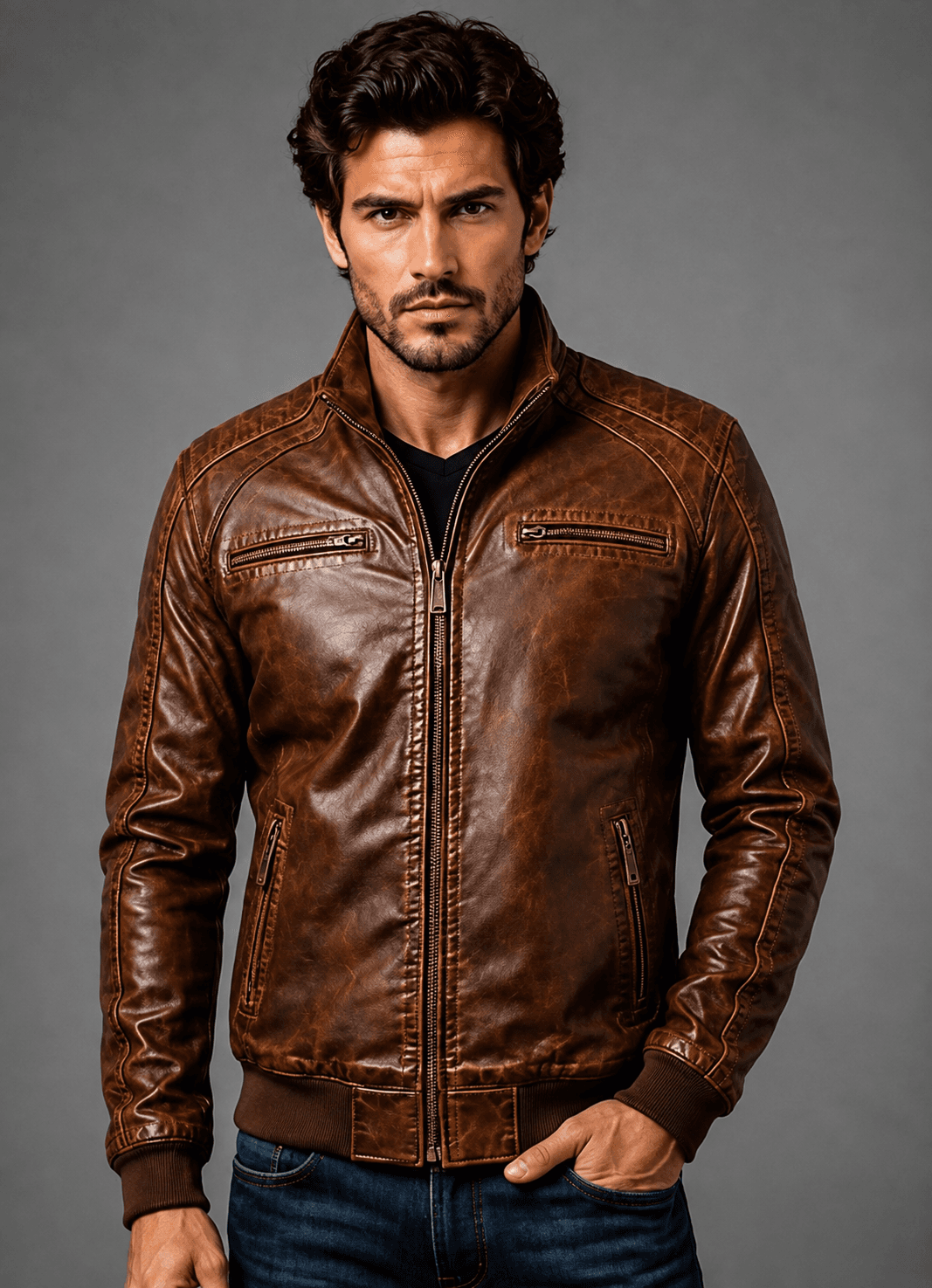 Jordan Brown Leather Bomber Jacket For Men’s
