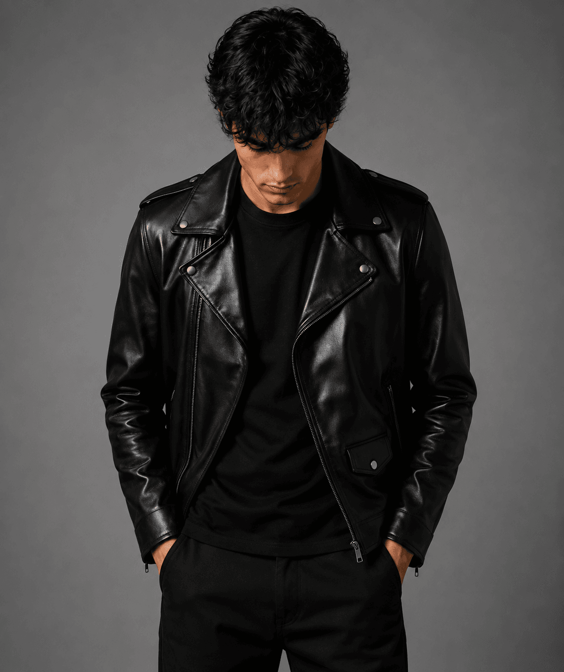Men’s All Black Zipper Biker Leather Jacket