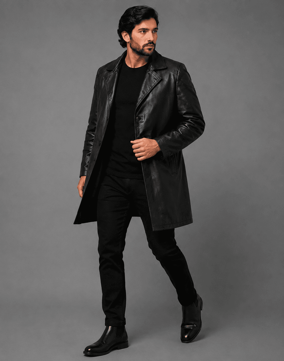 Men’s Black Asymmetrical Leather Long Coat