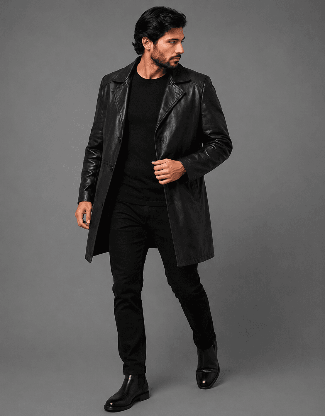 Men’s Black Asymmetrical Leather Long Coat