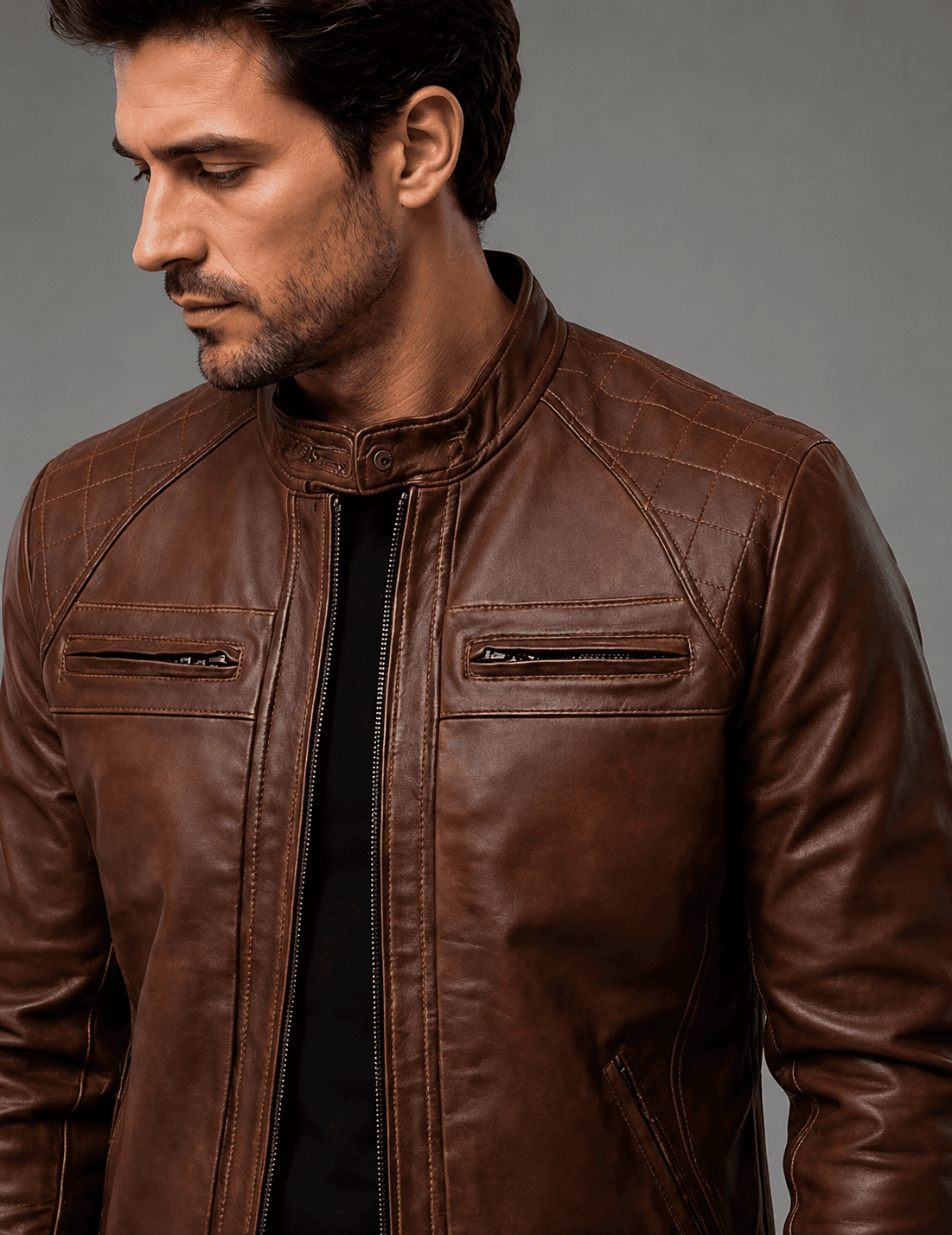 Men’s Brown Quilted Café Racer Leather Jacket