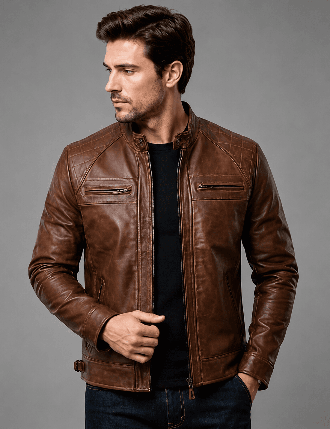 Men’s Brown Quilted Café Racer Leather Jacket