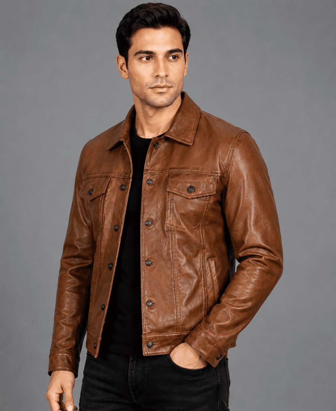 Men’s Camel Brown Trucker Leather Jacket – Timeless Look with Modern Craftsmanship