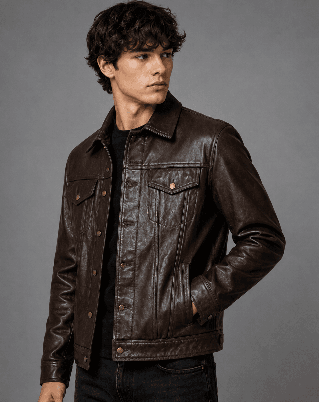 Men’s Chocolate Brown Trucker Leather Jacket – Rich Tone, Effortless Style