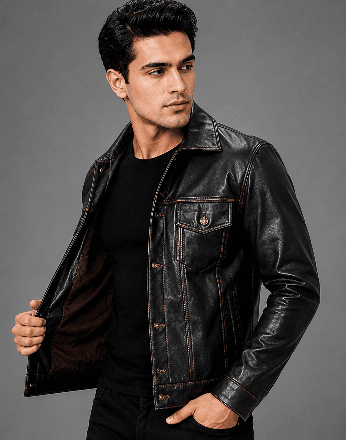 Men’s Dark Brown Leather Trucker Jacket – Rugged Elegance, Everyday Comfort