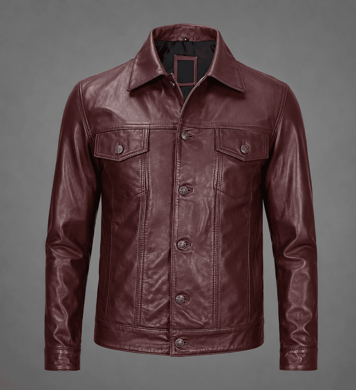 Men’s Maroon Leather Trucker Jacket – Bold Color, Classic Craft