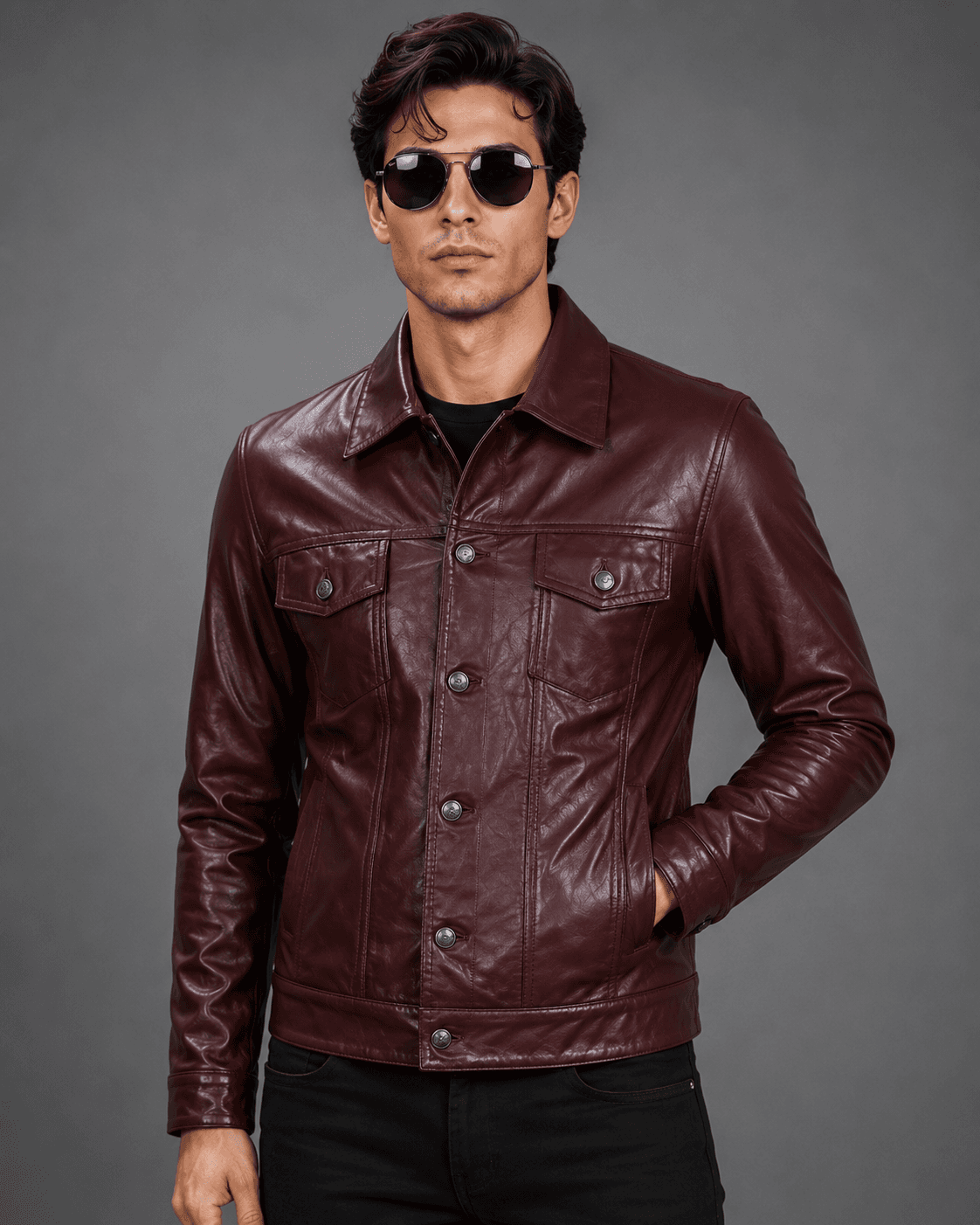 Men’s Maroon Leather Trucker Jacket – Bold Color, Classic Craft