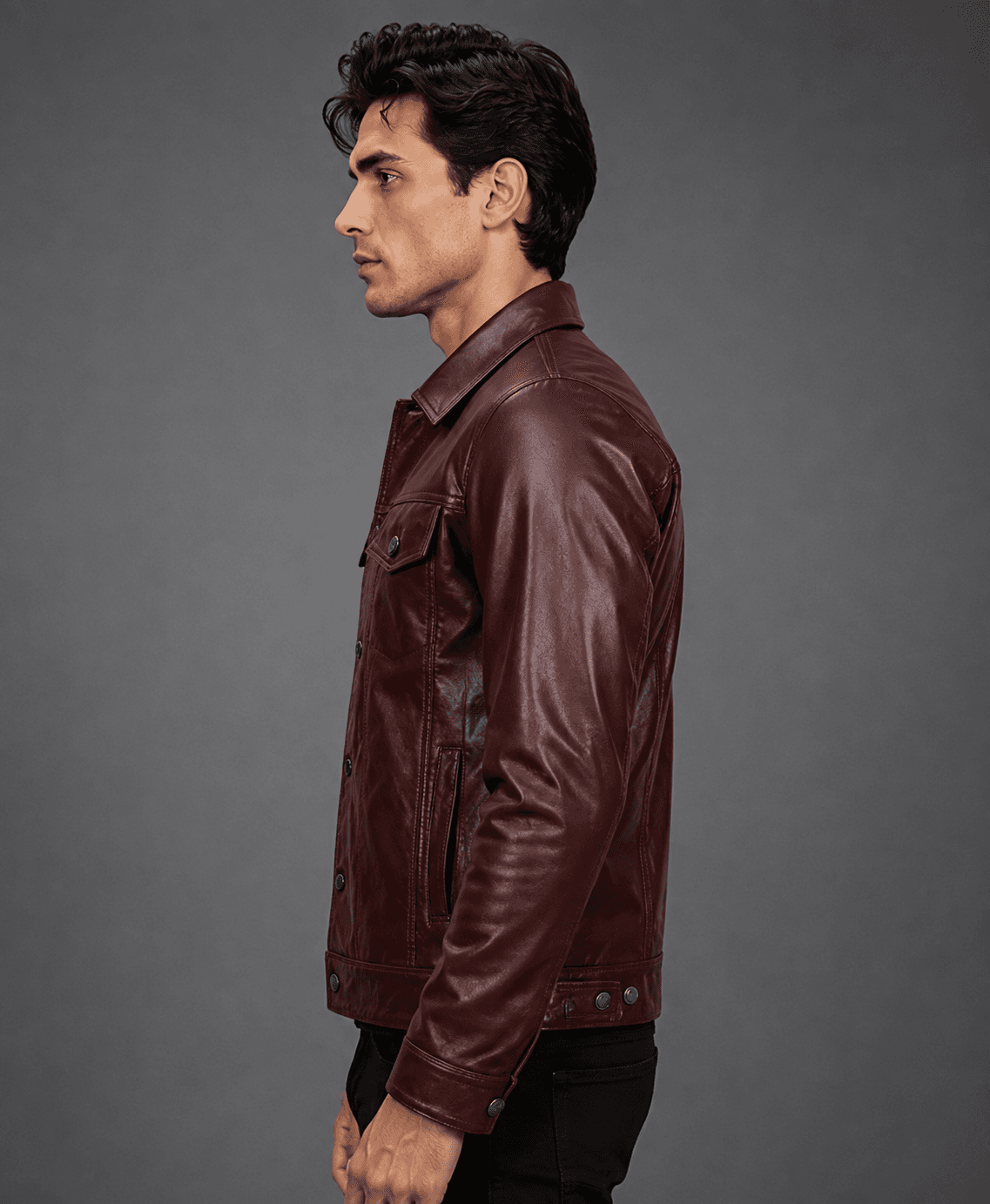 Men’s Maroon Leather Trucker Jacket – Bold Color, Classic Craft