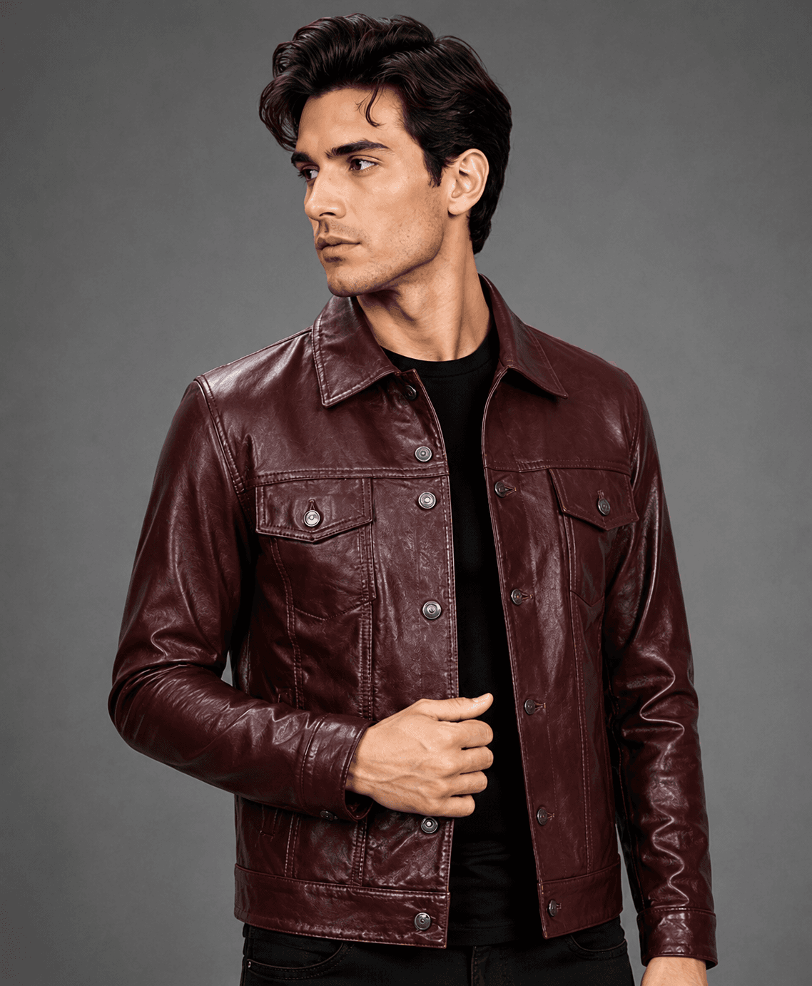 Men’s Maroon Leather Trucker Jacket – Bold Color, Classic Craft