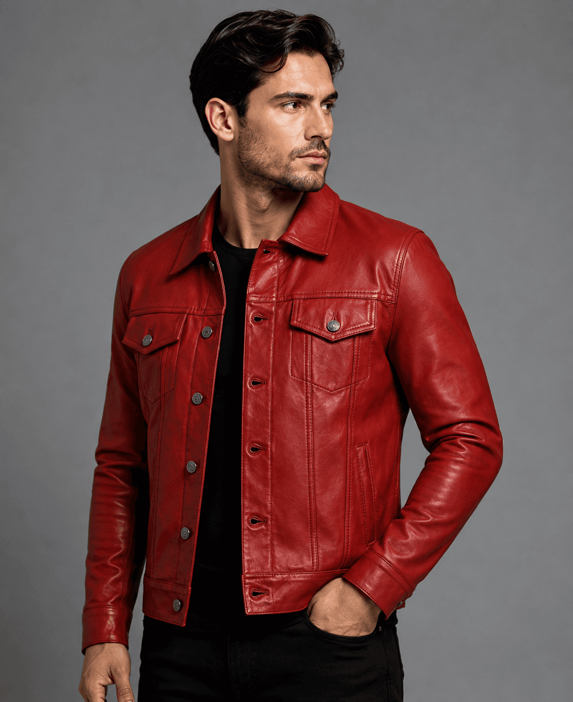 Men’s Red Trucker Leather Jacket – Bold Color, Classic Streetwear Vibe