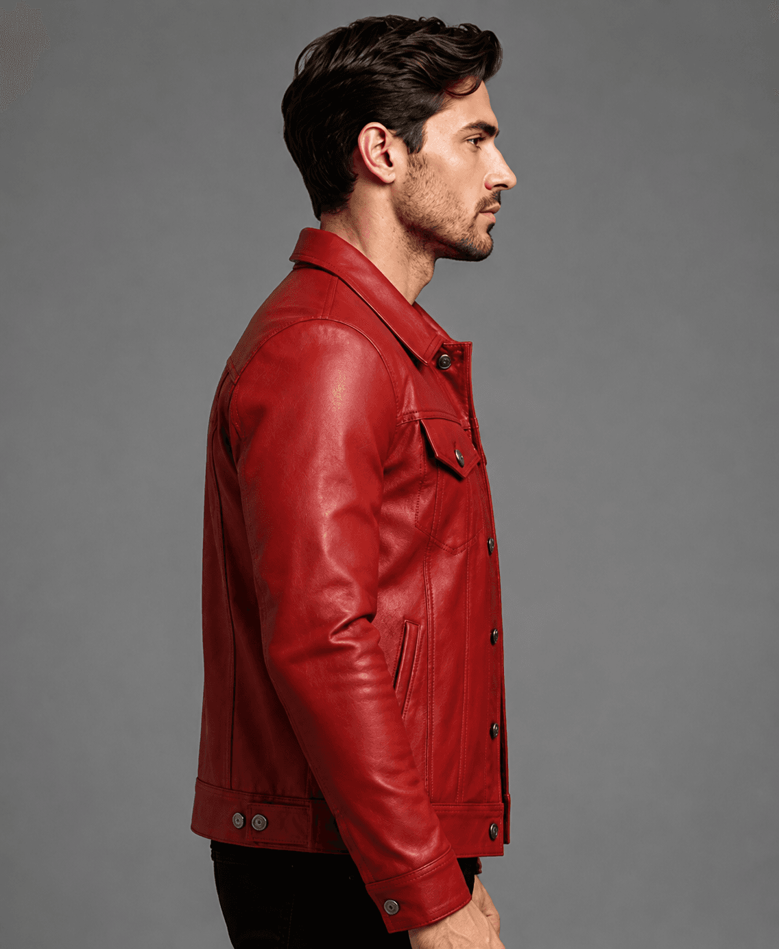 Men’s Red Trucker Leather Jacket – Bold Color, Classic Streetwear Vibe