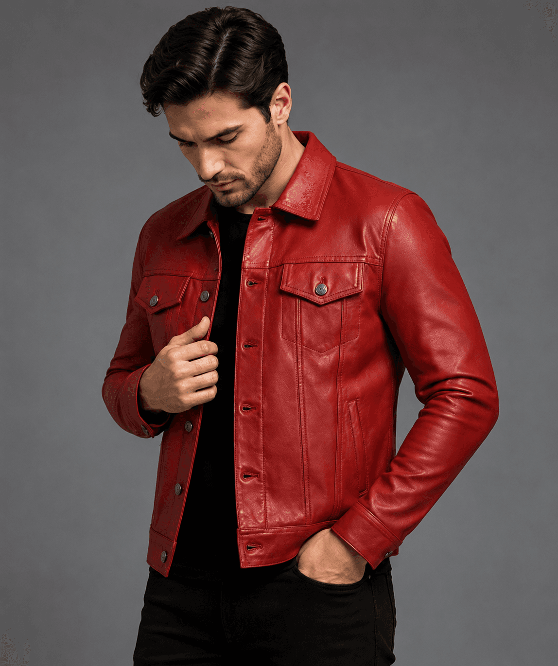 Men’s Red Trucker Leather Jacket – Bold Color, Classic Streetwear Vibe
