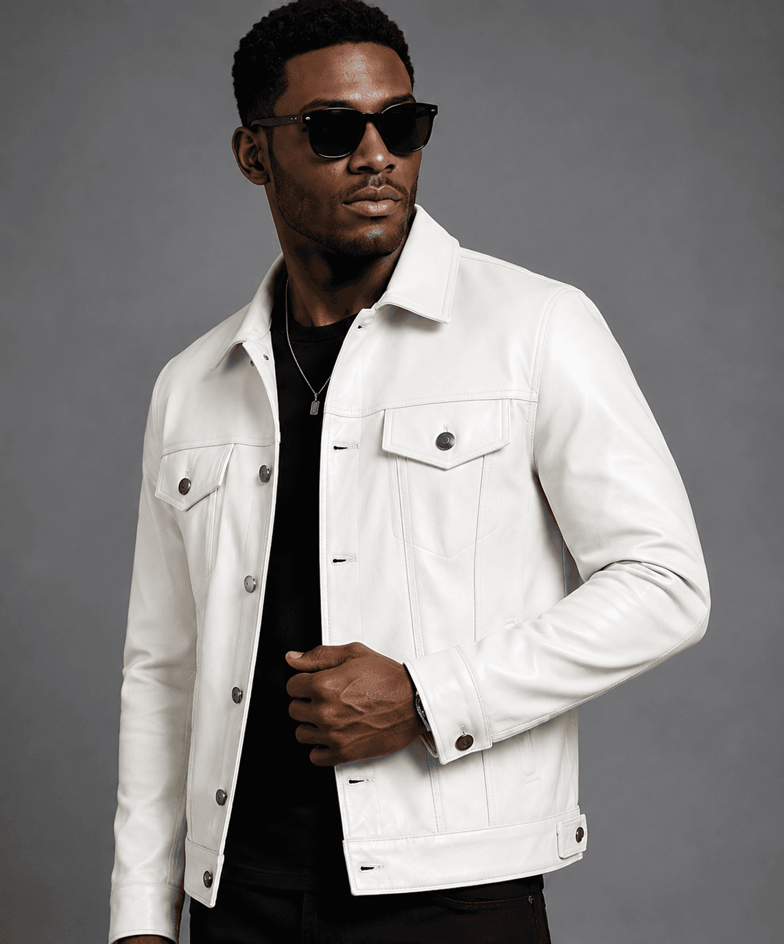 Men’s White Real Leather Trucker Jacket – Sleek, Modern & Distinctive