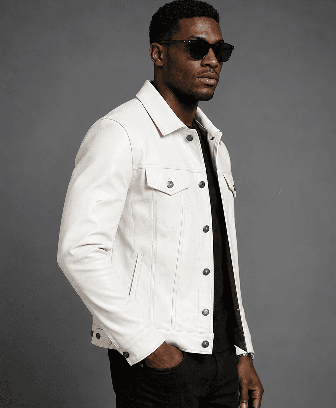 Men’s White Real Leather Trucker Jacket – Sleek, Modern & Distinctive