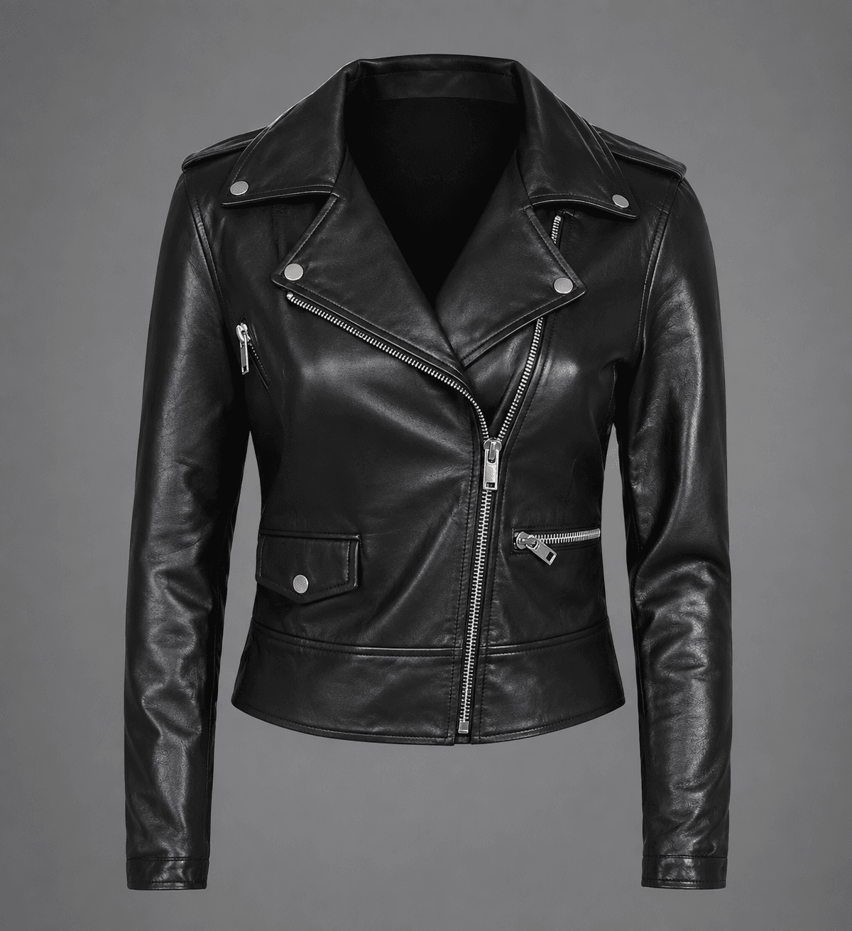 Women’s Asymmetrical Black Leather Biker Jacket – Bold & Timeless Design