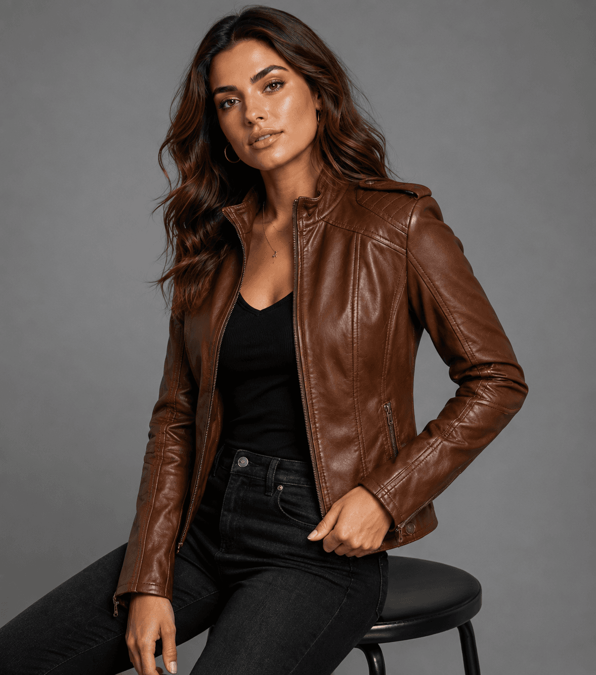 Women’s Bike Style Brown Leather Jacket – Classic Moto Chic