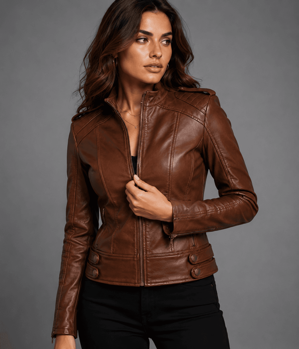 Women’s Bike Style Brown Leather Jacket – Classic Moto Chic