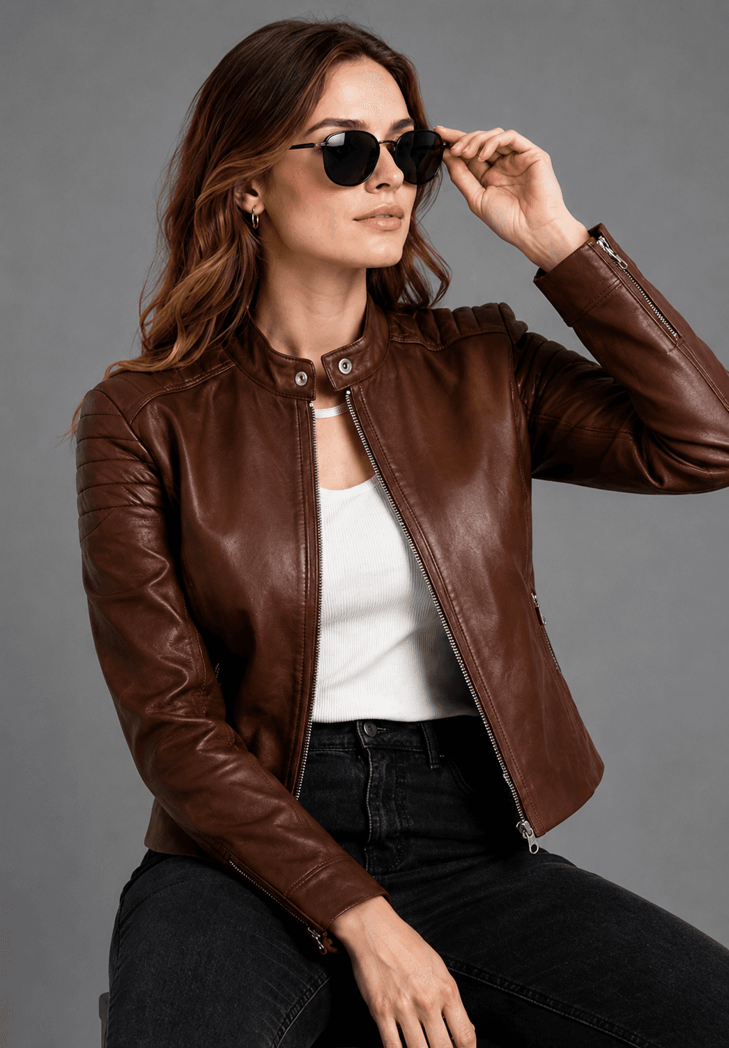 Women’s Brown Quilted Biker Leather Jacket – Premium Diamond-Stitch Design
