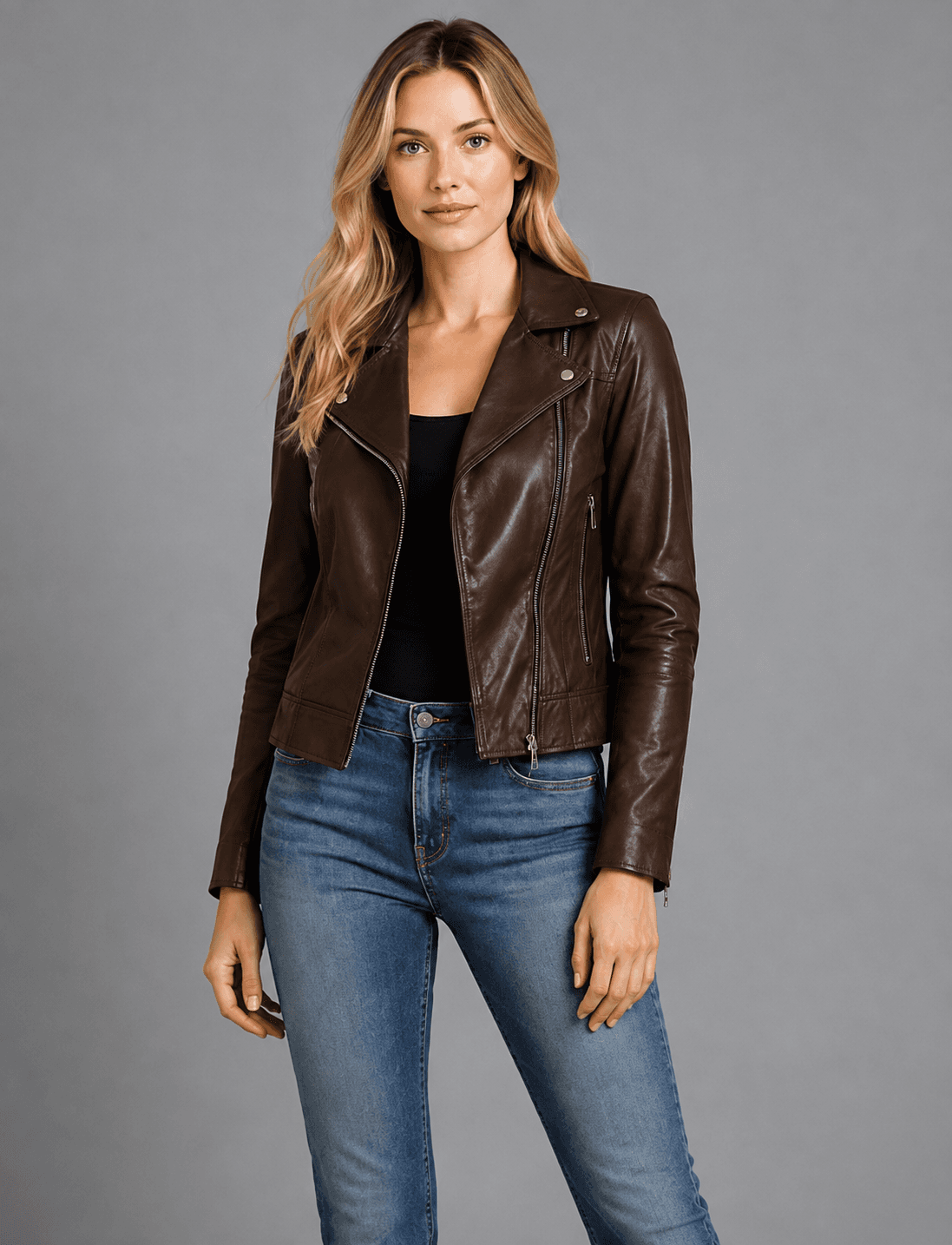 Women’s Dark Brown Leather Biker Jacket – Bold & Timeless Rider Look
