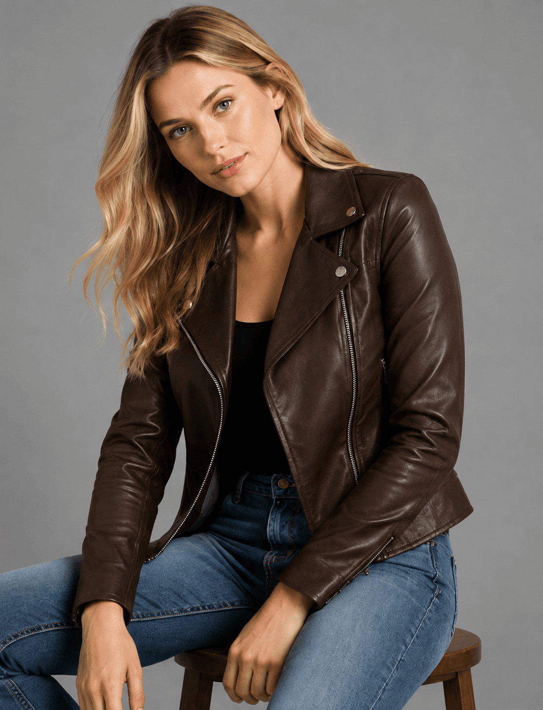 Women’s Dark Brown Leather Biker Jacket – Bold & Timeless Rider Look