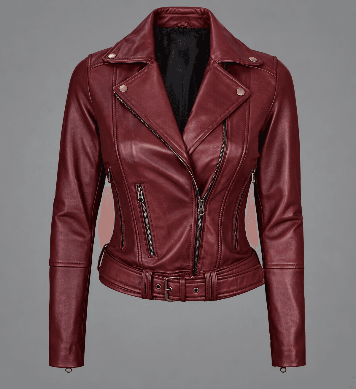 Women’s Maroon Leather Asymmetrical Motorcycle Jacket – Bold & Fearless