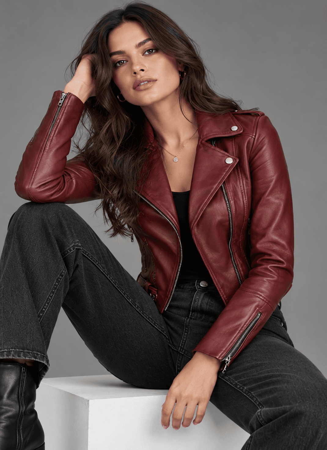 Women’s Maroon Leather Asymmetrical Motorcycle Jacket – Bold & Fearless