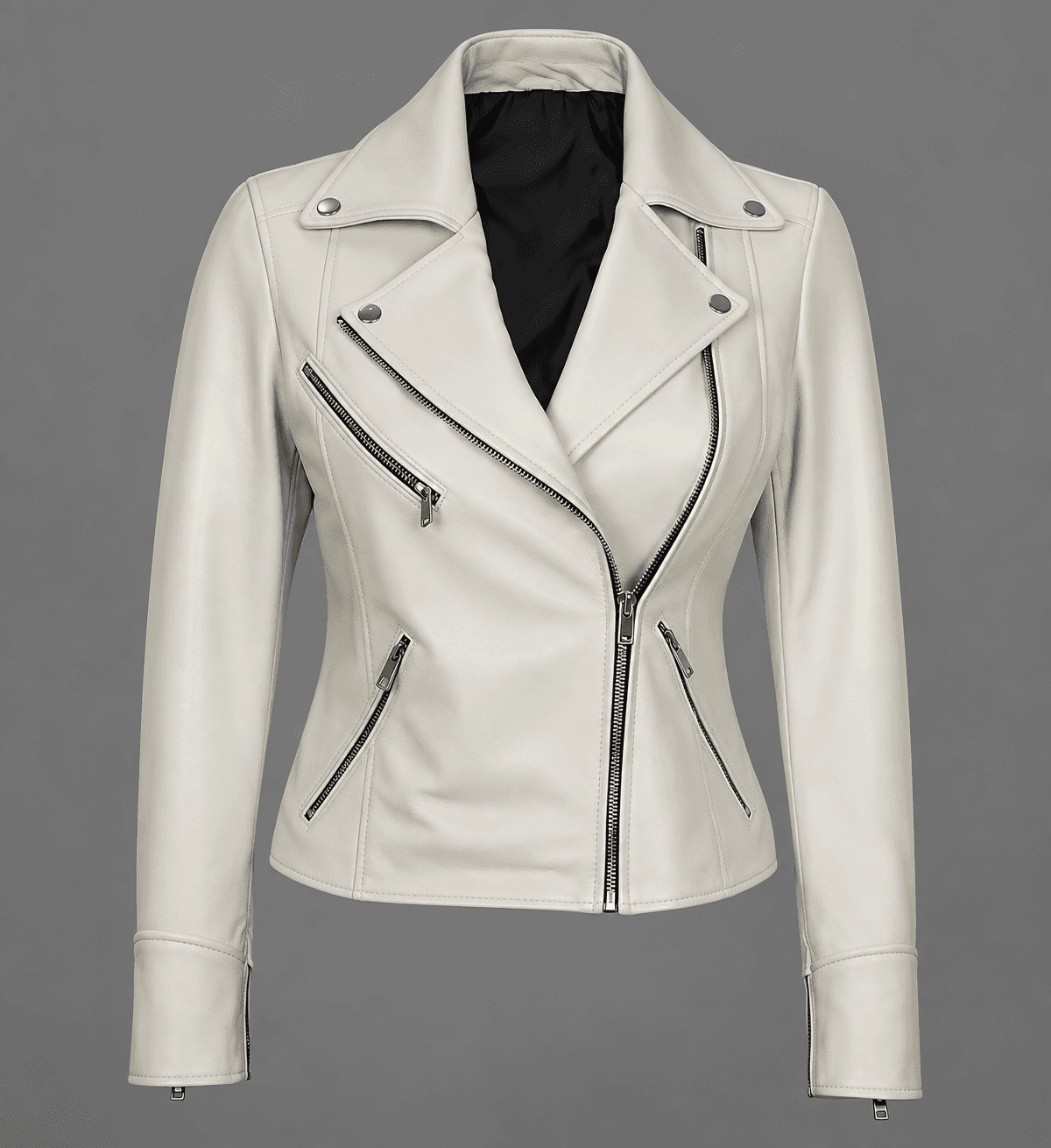 Women’s Moto Style White Leather Jacket – Elegant & Edgy Rider Look