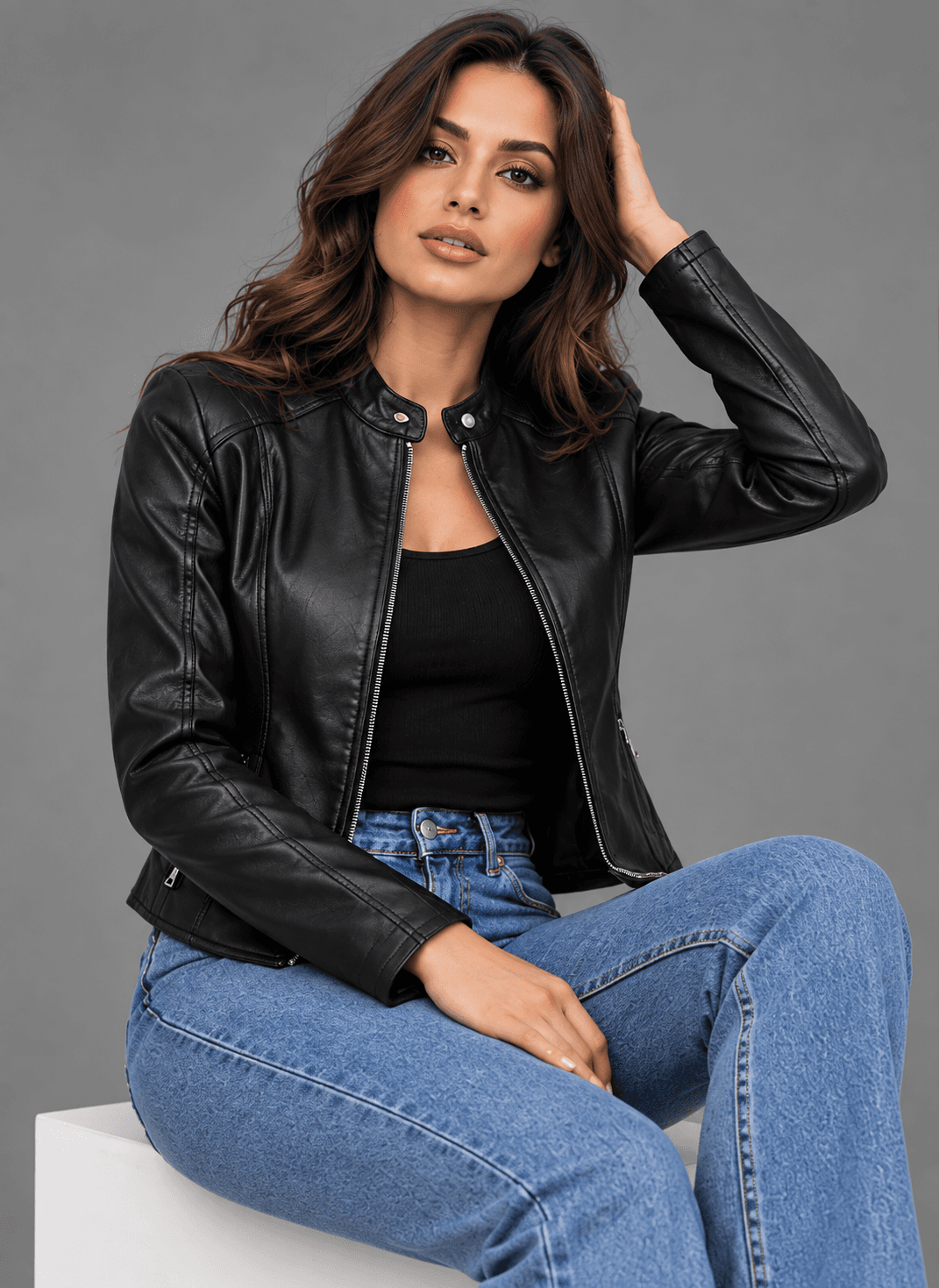 Women’s Simple Moto Black Leather Jacket – Minimalist Rider Style
