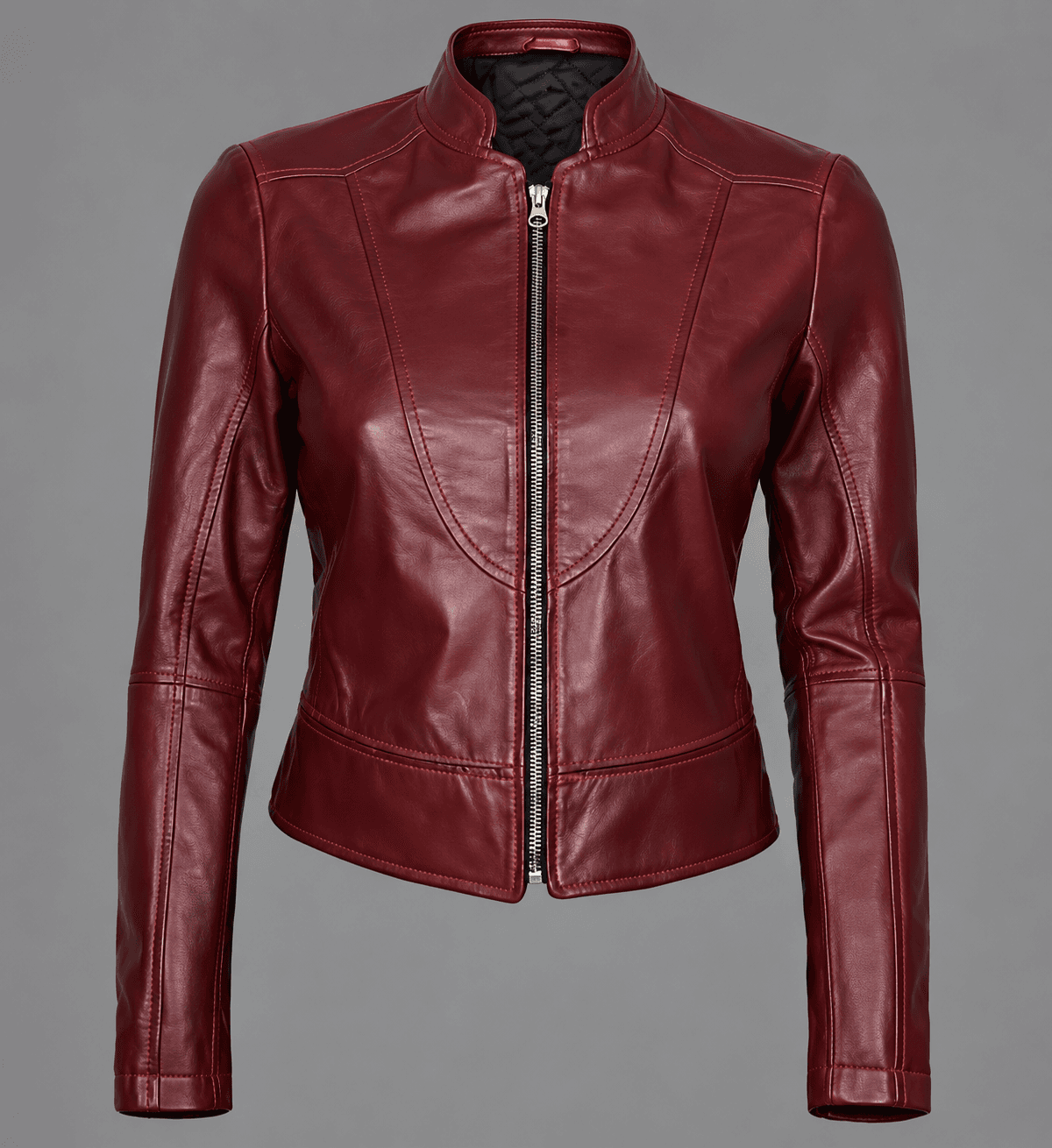Women’s Slim Fit Maroon Leather Biker Jacket – Bold Fit, Timeless Appeal